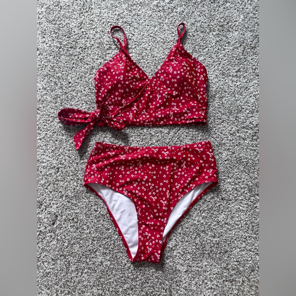 Red Floral High Waisted Bikini Set Size Small